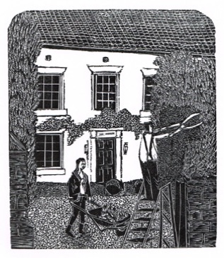 Hedge Trimming Scalby wood engraving by Michael Atkin